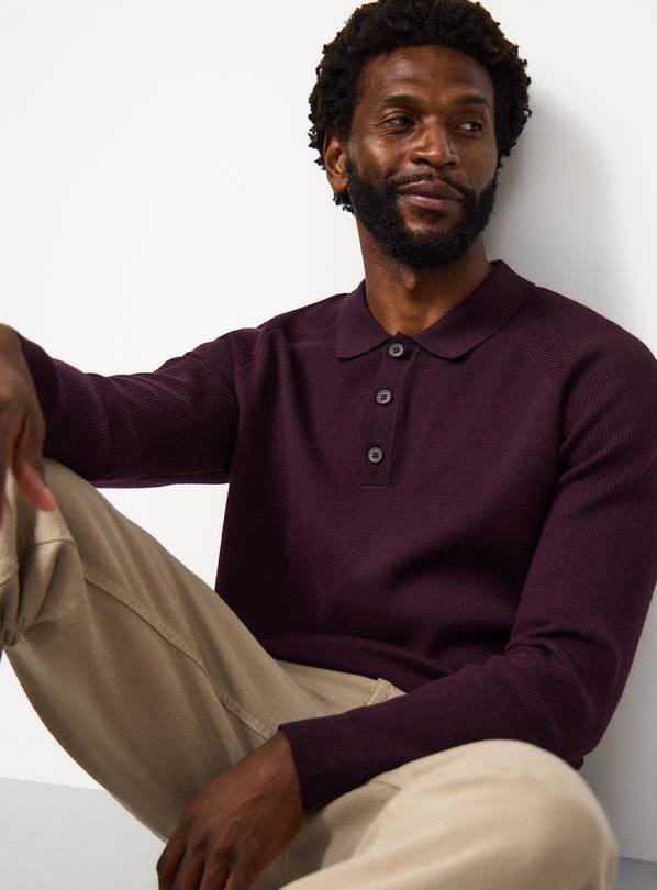 Dark Red Long Sleeve Ribbed Polo Shirt M